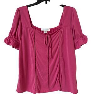 NWT Bunulu Large Pink, Short Sleeve Boat, Neck Top With Cut out Accents Tie Neck